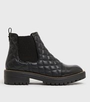 New Look Black Quilted Chain Trim Chunky Chelsea Boots